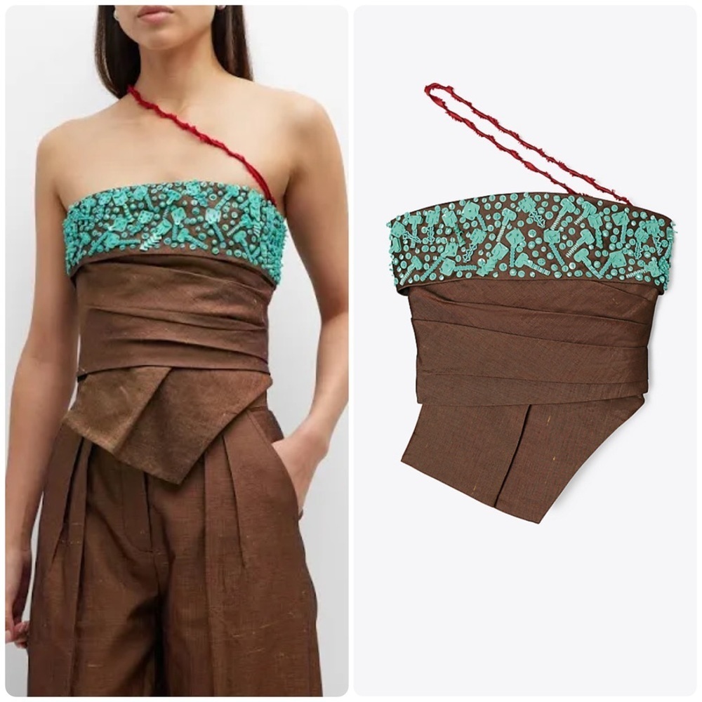 Tory Burch Lollipop Linen Beaded Strapless Bustier Top